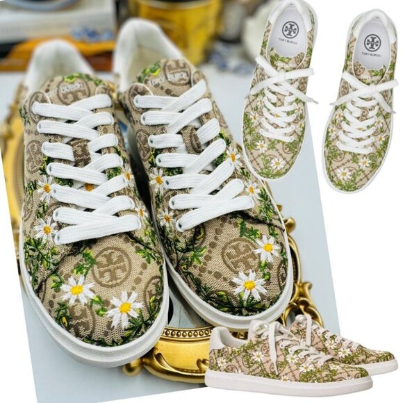 🆕 TORY BURCH 🧿 NWOT Howell Court T Monogram Floral-Embroidered Sneakers